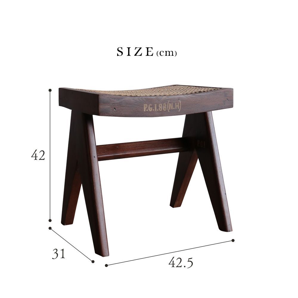 ピエール・ジャンヌレ スツール オットマン ラタン 古材 チーク ビルマチーク 椅子 ブラウン Pierre Jeanneret Low Cane Stool リプロダクト ピエールジャンヌレ ル・コルビュジエ インダストリアル レトロ インド おしゃれ