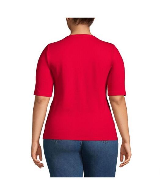 売れ筋商品|||ランズエンド カットソー トップス レディース Plus Size Cotton Polyester Modern Half Sleeve Splitneck Teal shadow Women's Cotton Polyester Modern Half Sleeve Splitneck