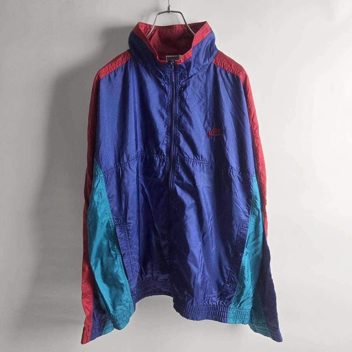 90's ナイキ NIKE 銀タグ ロゴ刺繍トリコ配色切替フルジップナイロン