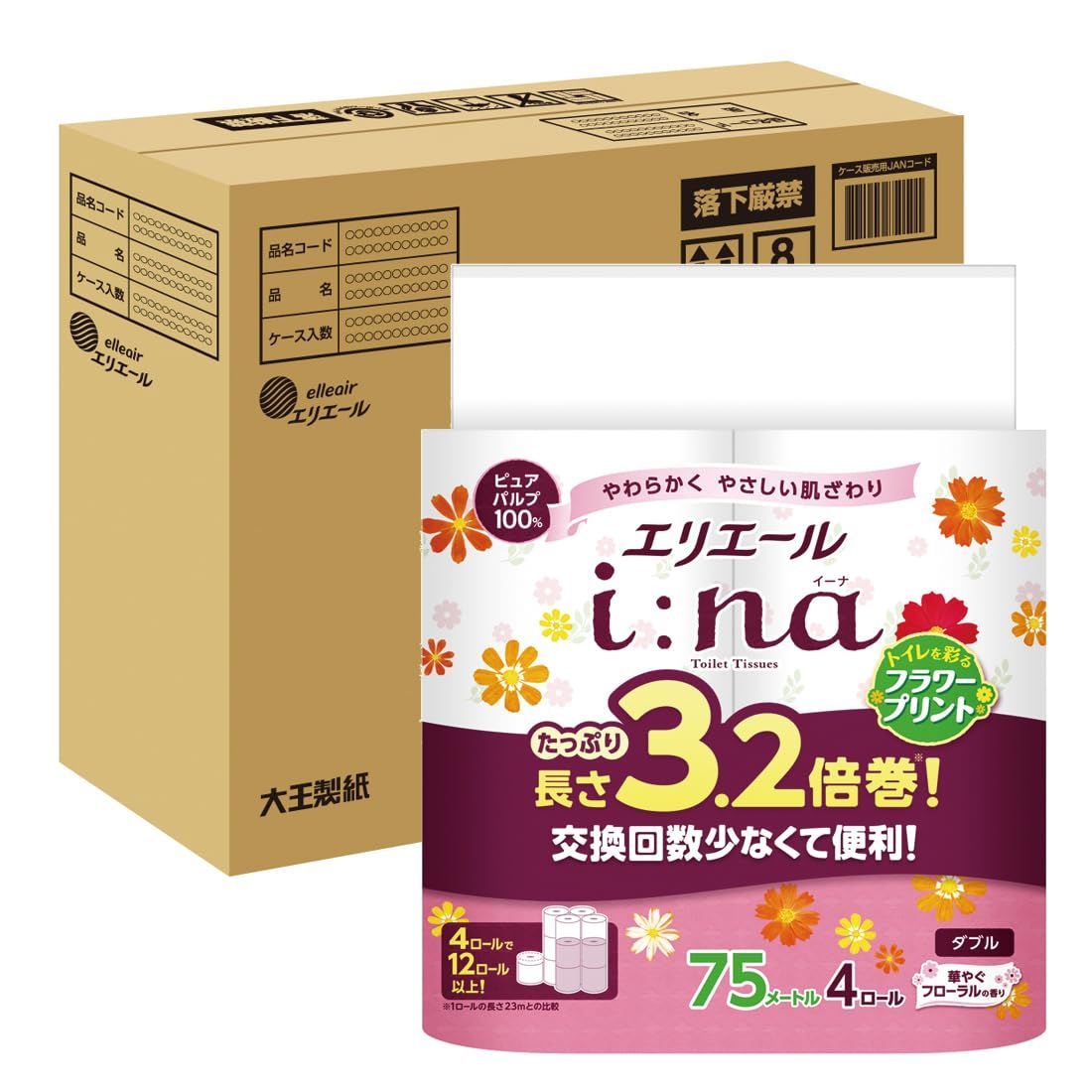 トイレットペーパー i na イーナ フラワープリント 3.2倍巻き 75m×32ロール 4ロール×8パック エリエール ダブル パルプ 華やかなフローラルの香り ハーフケース