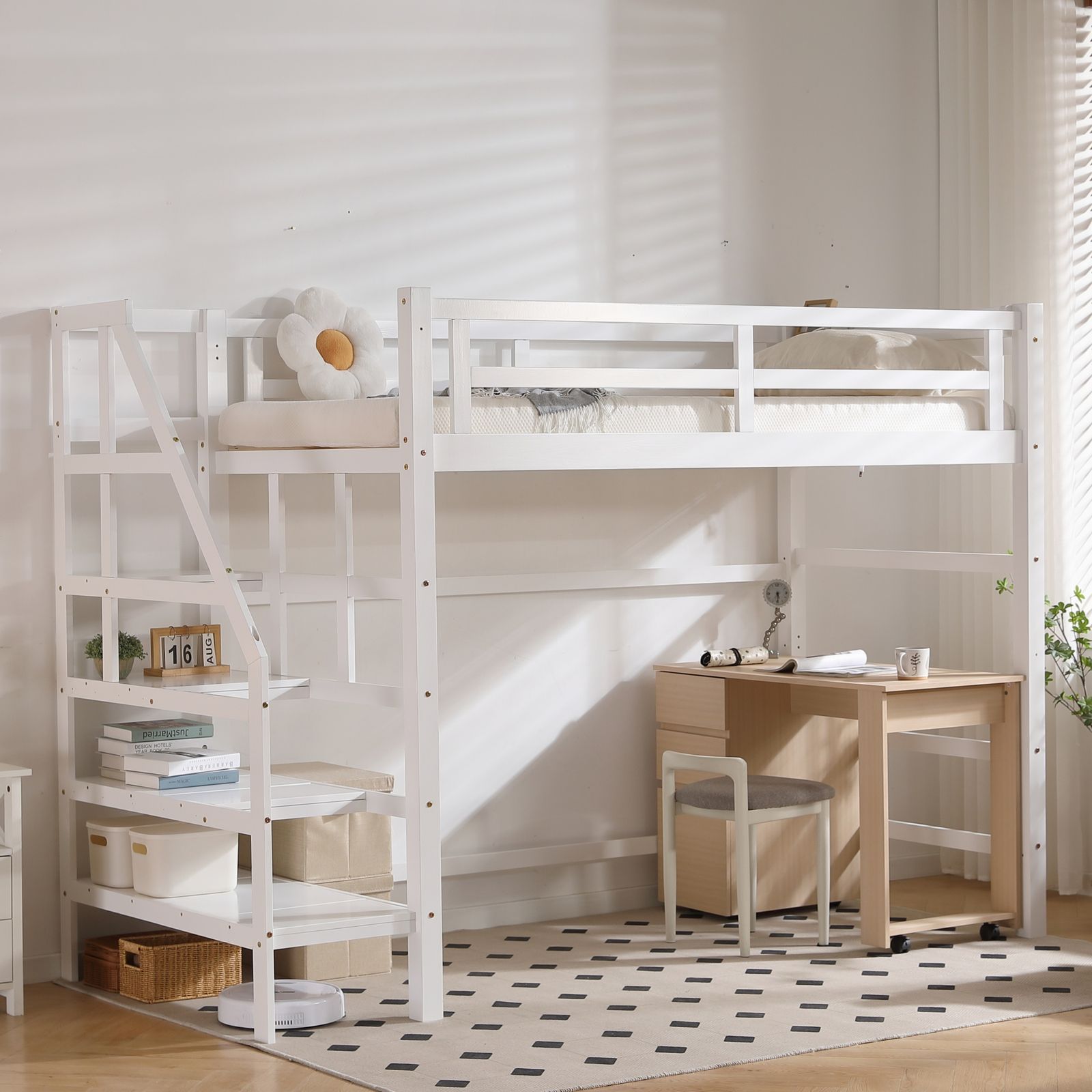 ロフトベッド 階段付き 天然木 コンセント付き シングル 宮付き 収納棚付き 収納 北欧風 大人 一人暮らし 子供ベッド ベッド 木製ロフトベッド 高さ172cm NEXPOTALLINN_EU