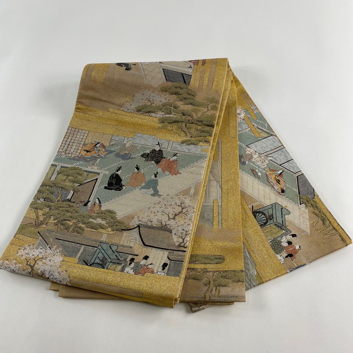 バイセル 着物 名品 袋帯 金色 花車 風景 草花 菊 楓 桔梗 女郎花 鴛鴦 箔 お太鼓柄 正絹 ☆☆☆☆ バイセル 着物 名品 袋帯 金色 風景 御所車 建物 桜 松 山 橋 鳥 箔 全通
