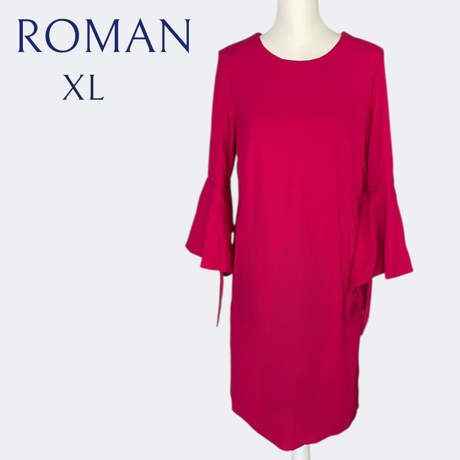 ◆ROMANローマン フューシャピンクの上品フ 袖のお呼ばれドレス XL