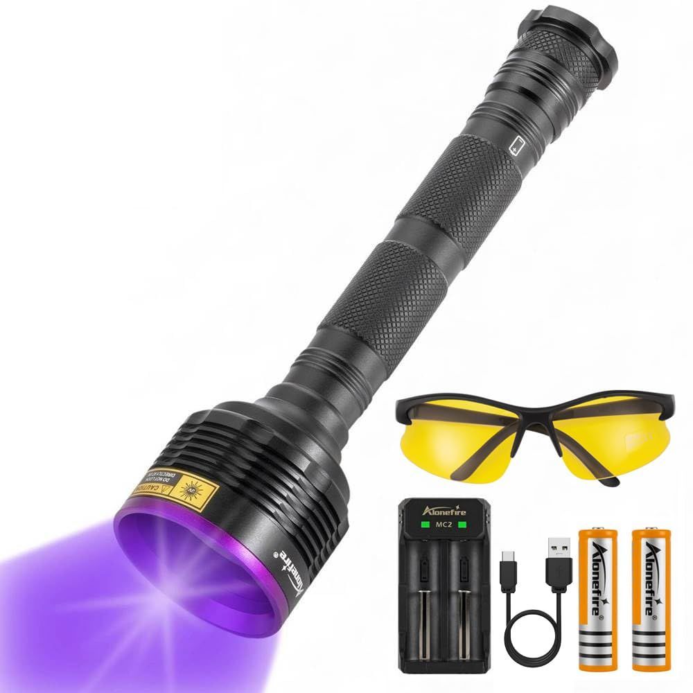 Alonefire SV56 30W 紫外線 ブラックライト 強力 UV LED ライト 波長365nm USB充電式 アニサキスライト ウッド灯検査 ペット尿検出器 スコーピオン 鑑定 真贋 レジン用 硬化 猫真菌 釣り 鉱物 用 UV保護メガネ リチ