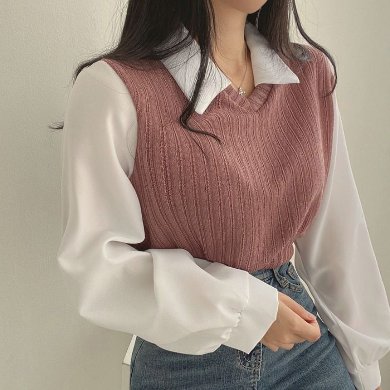 ブラウス シャツ 配色カフスニットトップス レディース ニットトップス レディース ニット ブラウス 長袖シャツ 重ね着