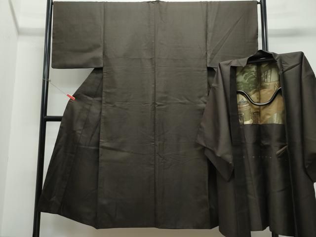 平和屋着物○男性 お召 羽織セット 憲法黒茶色 赤墨色 正絹 逸品