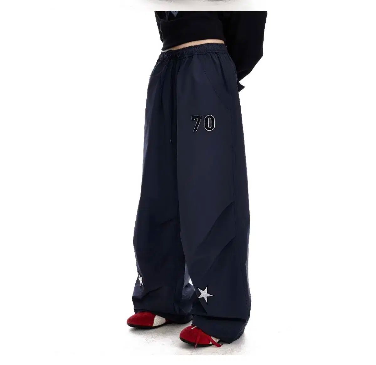 JIKOO ジク スター パッチ ワークパンツ カジュアル ワイド バンディング パラシュート パンツ