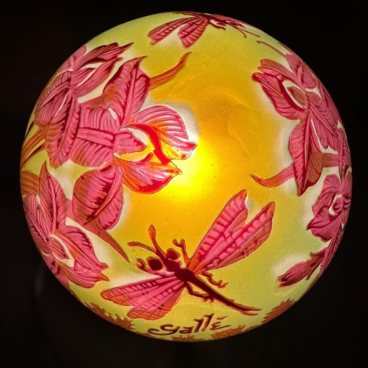 エミールガレ 二灯ランプ 蜻蛉紋カメオ彫り被せガラス高さ32cm