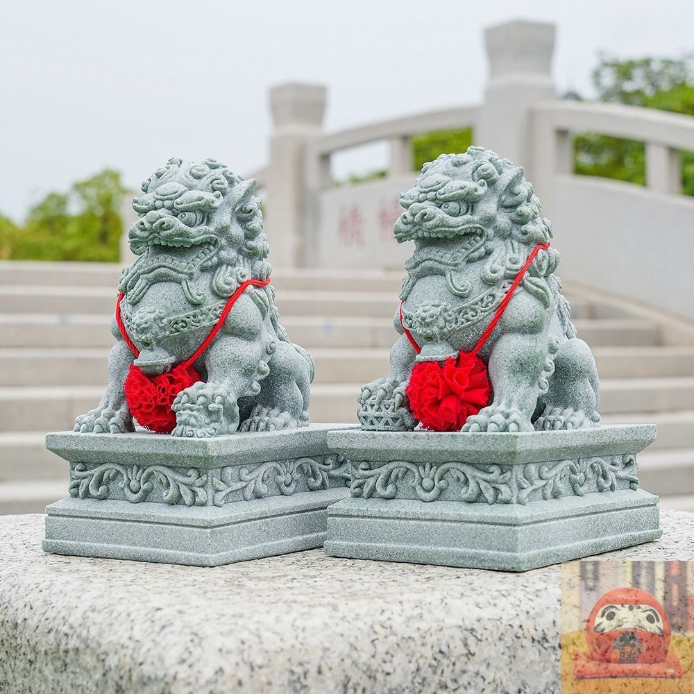 シーサー獅子の陶器像 2体セット 陶器獅子像 シーサー 花柄装飾