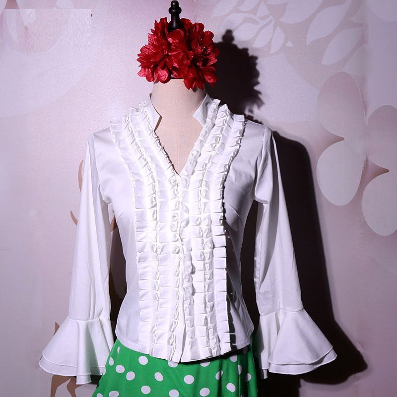 フラメンコトップスフラメンコ衣装前ボタンつき社交ダンスフリル＆シースルーフリル練習着レッスンウェアセール用品レディース hax5v841771