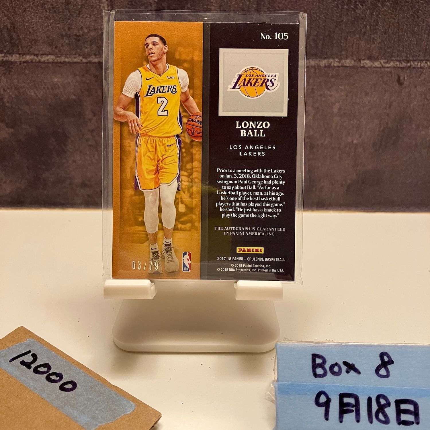 2017-18 Panini Lonzo Ball 03 79 直筆サイン Los Angeles Lakers Opulence RC ルーキー Rookie カード
