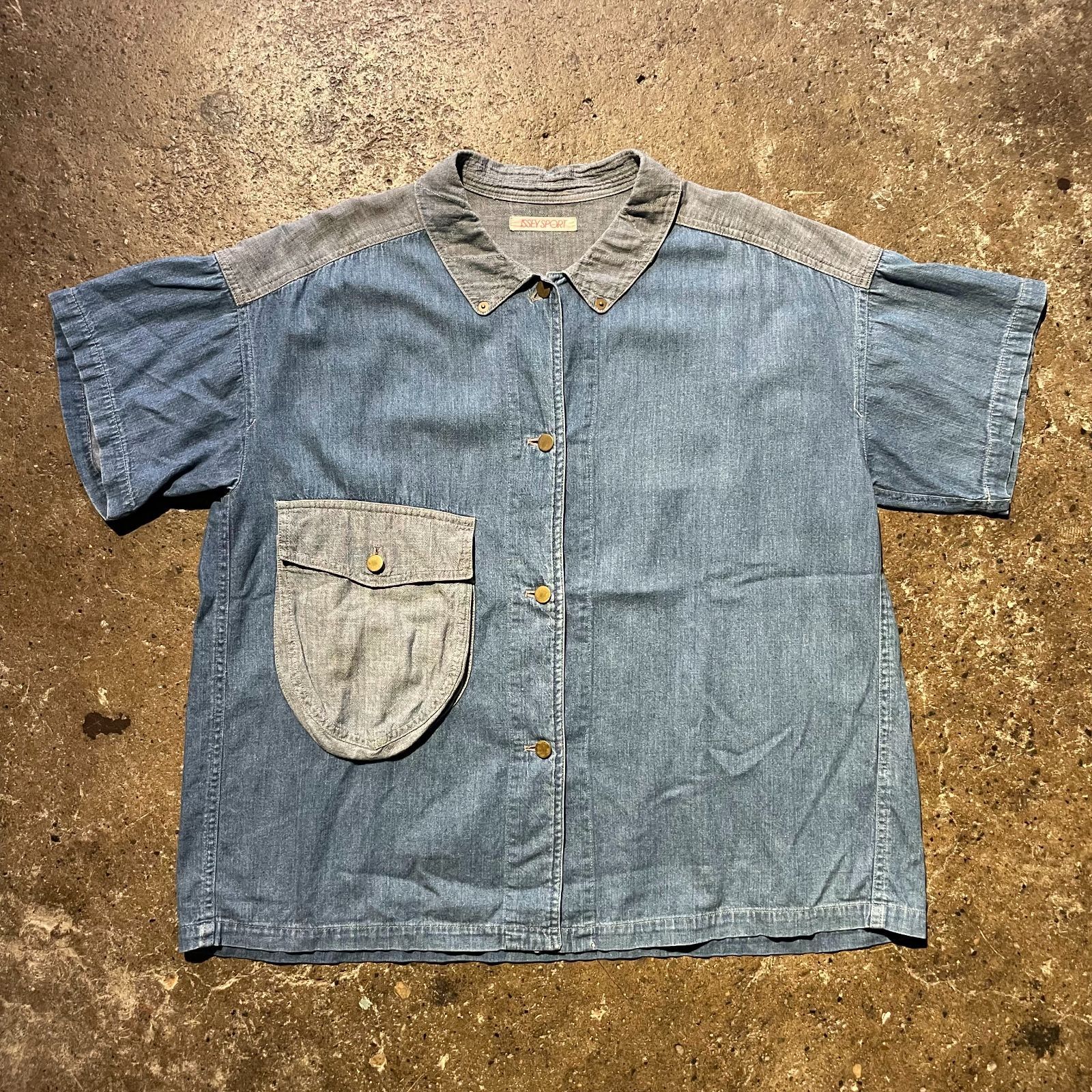 ISSEY MIYAKE ISSEY SPORT 70s ビッグポケット デニム 半袖シャツ イッセイミヤケ イッセイスポーツ 1970s 切替 ボックスシルエット 9号 RF12025
