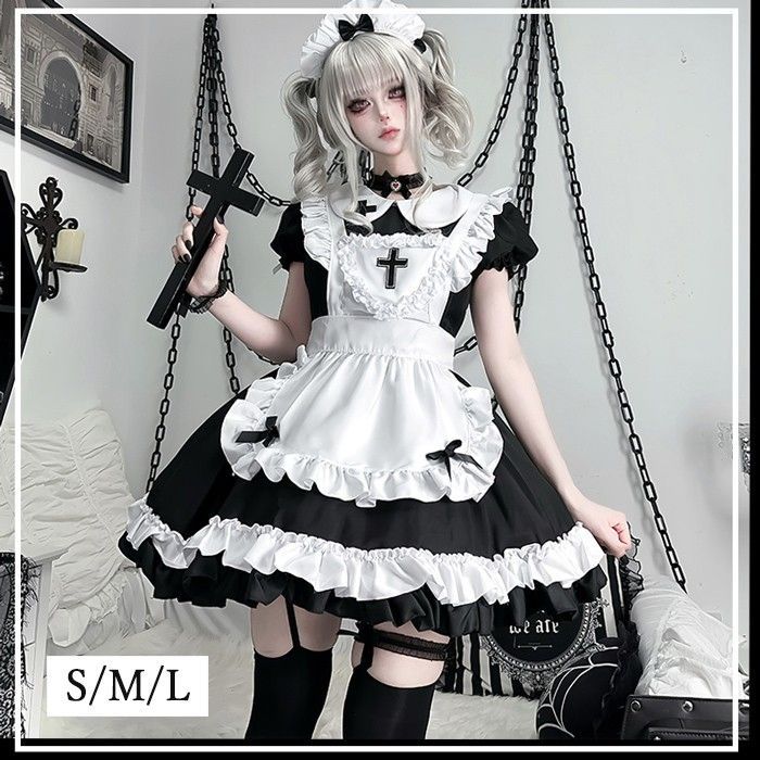 ロリータ メイド服 ワンピース Lolita リボン 袖あり 文化祭 学園祭