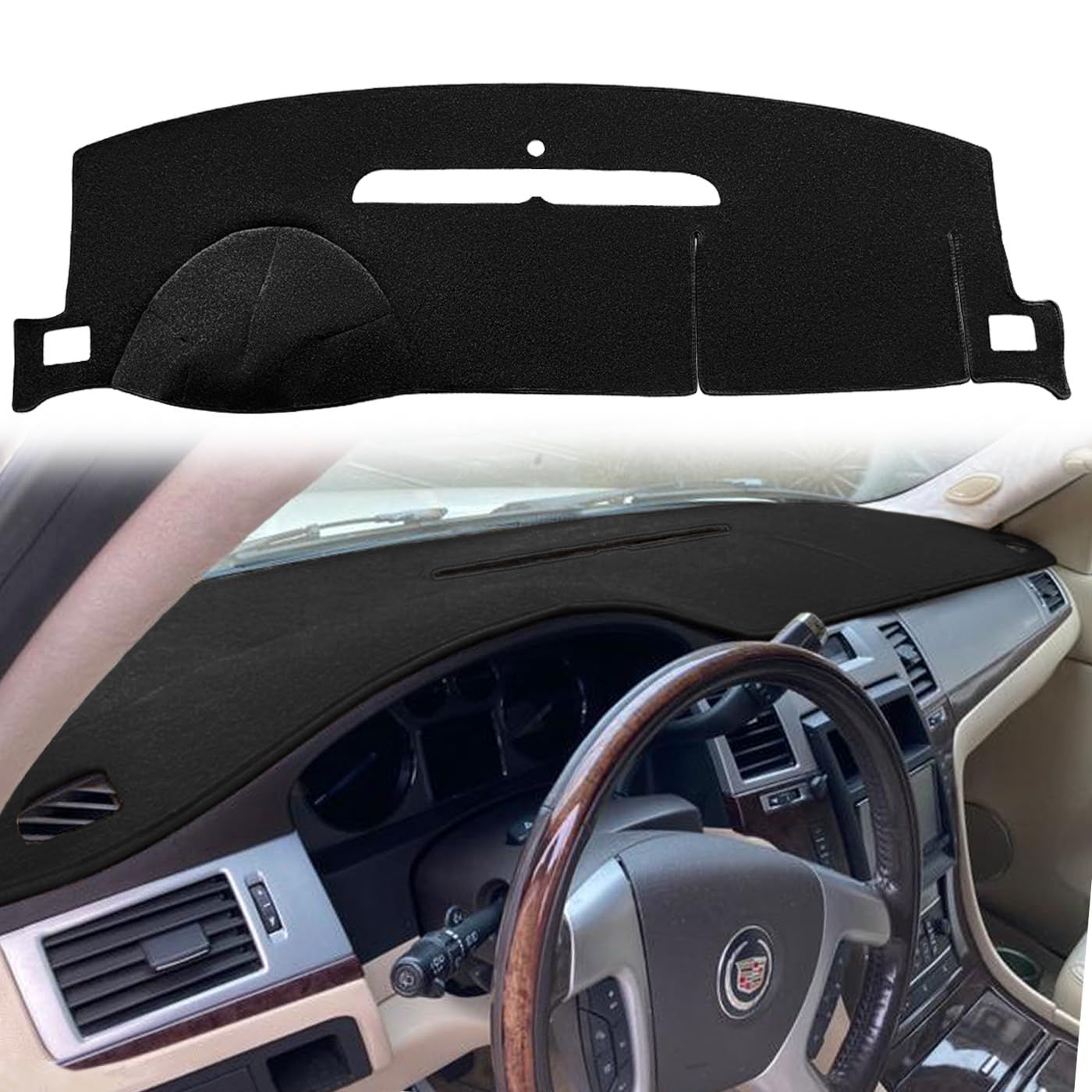 AKMOTOR ダッシュカバー ダッシュボードカバーマット キャデラックエスカレード 2007-2014 エアバッグ用カットアウト付き スピーカー用カットアウトなし ブラック J18 ブラック