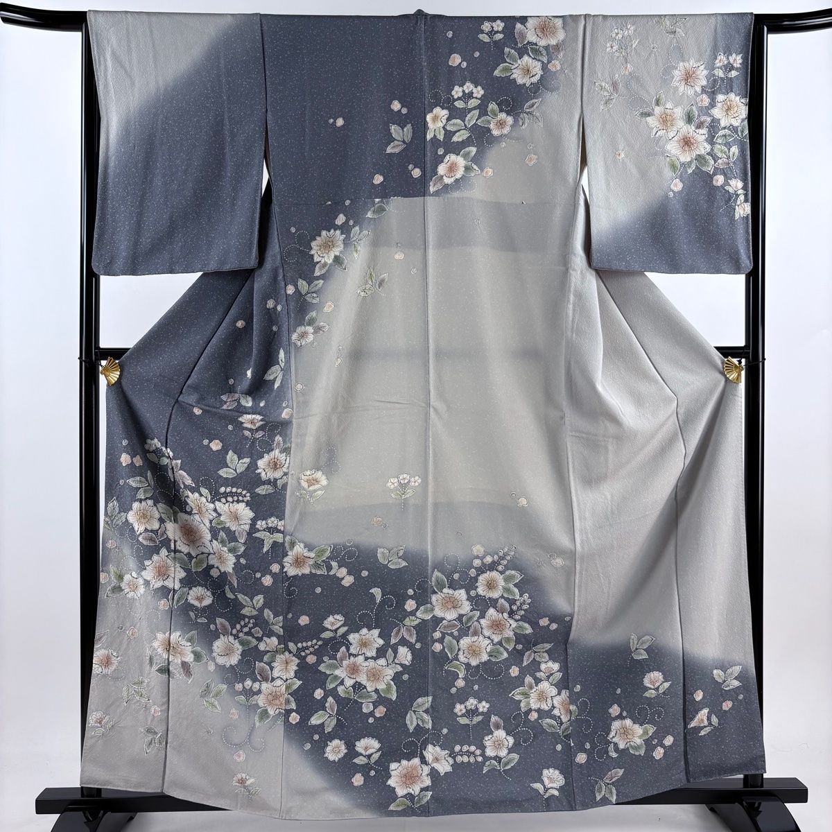 訪問着 身丈162cm 裄丈64.5cm M 袷 花唐草 染め分け ぼかし 灰色 正絹 秀品