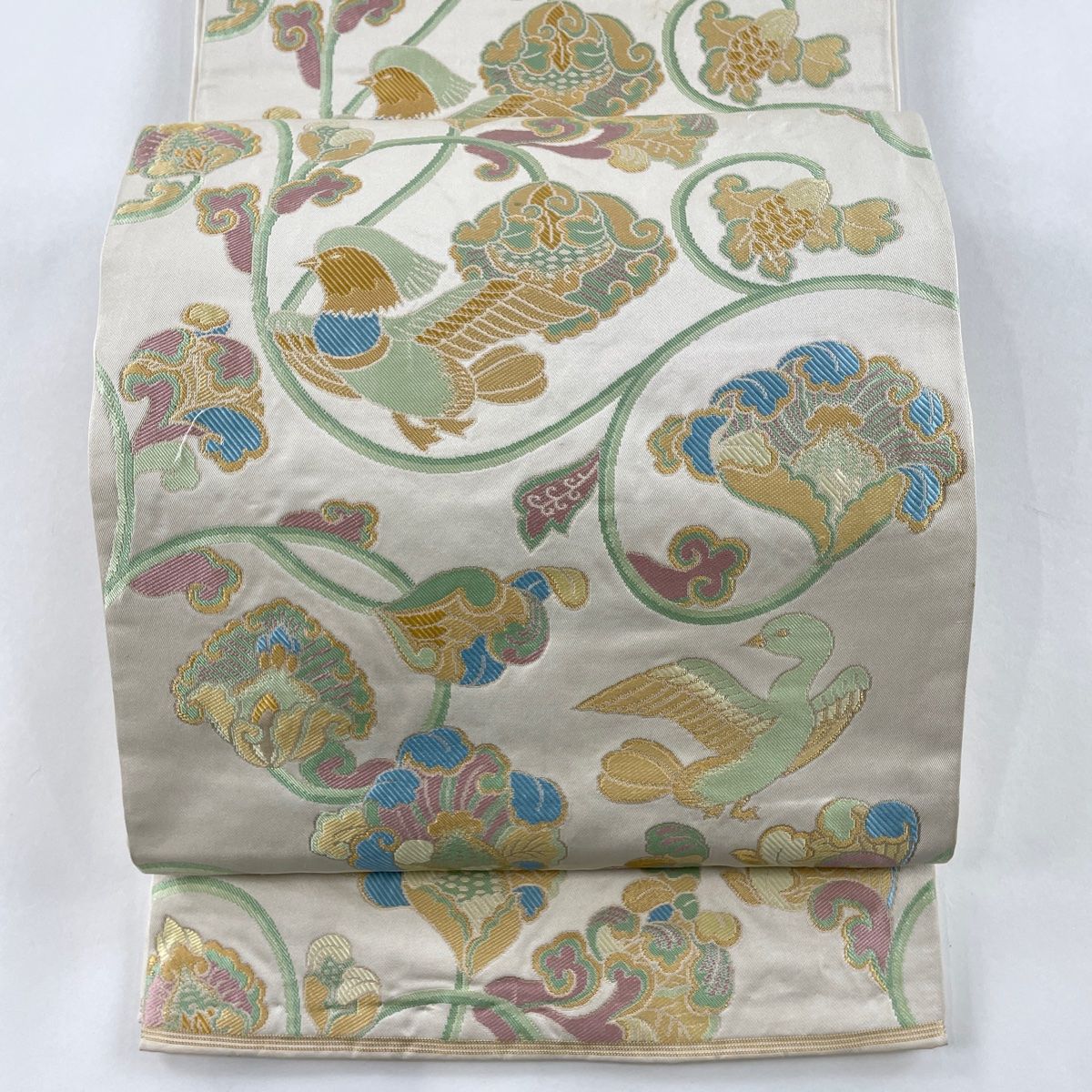 袋帯 秀品 川島織物 落款 関西仕立て 鳥 草花 金糸 ベージュ 六通 正絹 