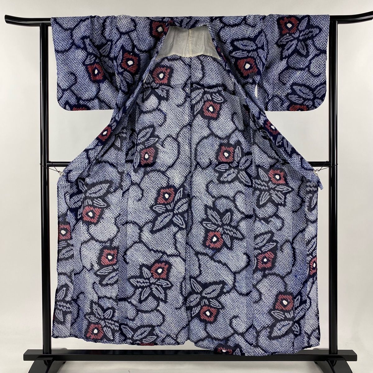 浴衣 有松鳴海絞り 花模様 杉綾紋 ギザギザ ネイビー 着物 034a d long