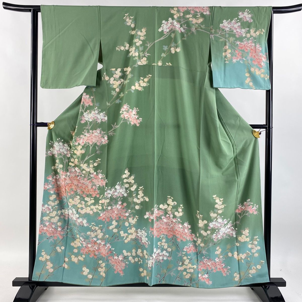 訪問着 身丈160cm 裄丈63cm S 袷 桜 菊 金彩 染め分け よもぎ色 正絹 名品 【】