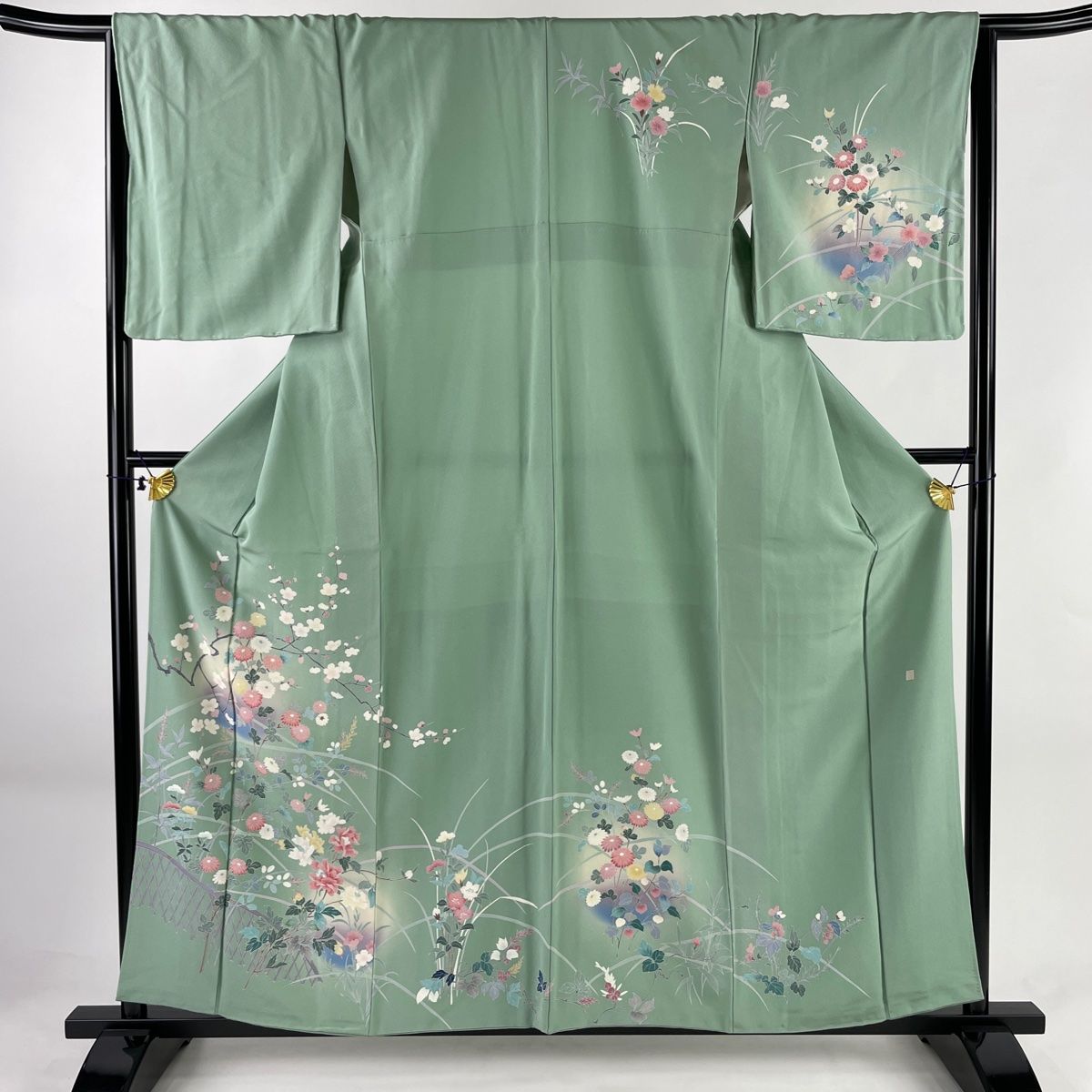 訪問着 身丈159cm 裄丈65cm M 袷 菊 枝梅 ぼかし 薄緑 正絹 美品 秀品-