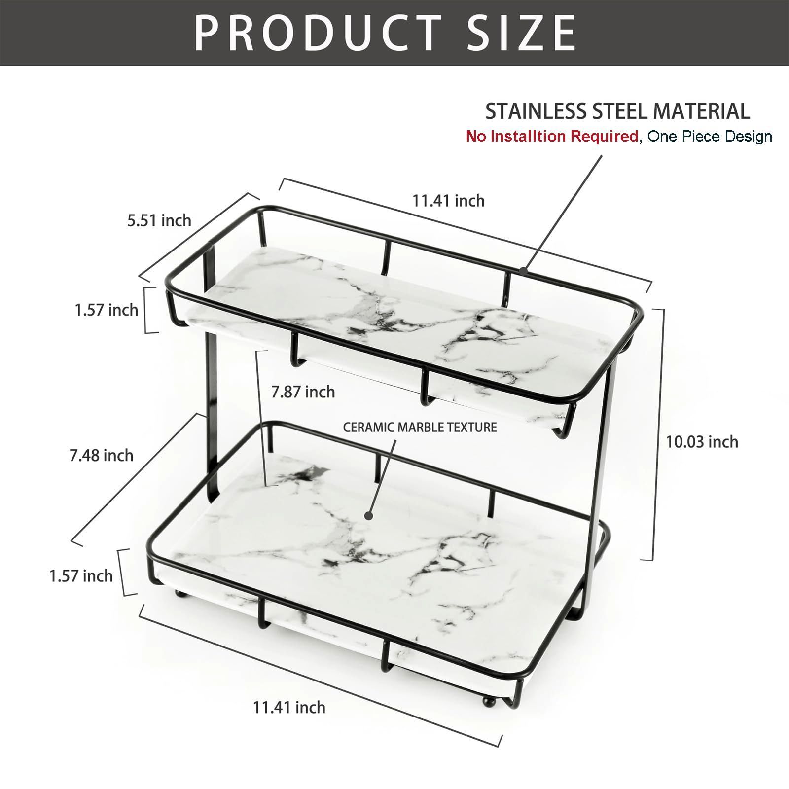 ラック 収納棚 化粧品収納 ディスプレイラック 化粧台トレイ ドレッサー バスルームオーガナイザー カウンタートップ 香水オーガナイザー メイクアップオーガナイザー ステンレススチール シェルフ ホワイトマーブル セラミックトレイ 2段 L-ブラック