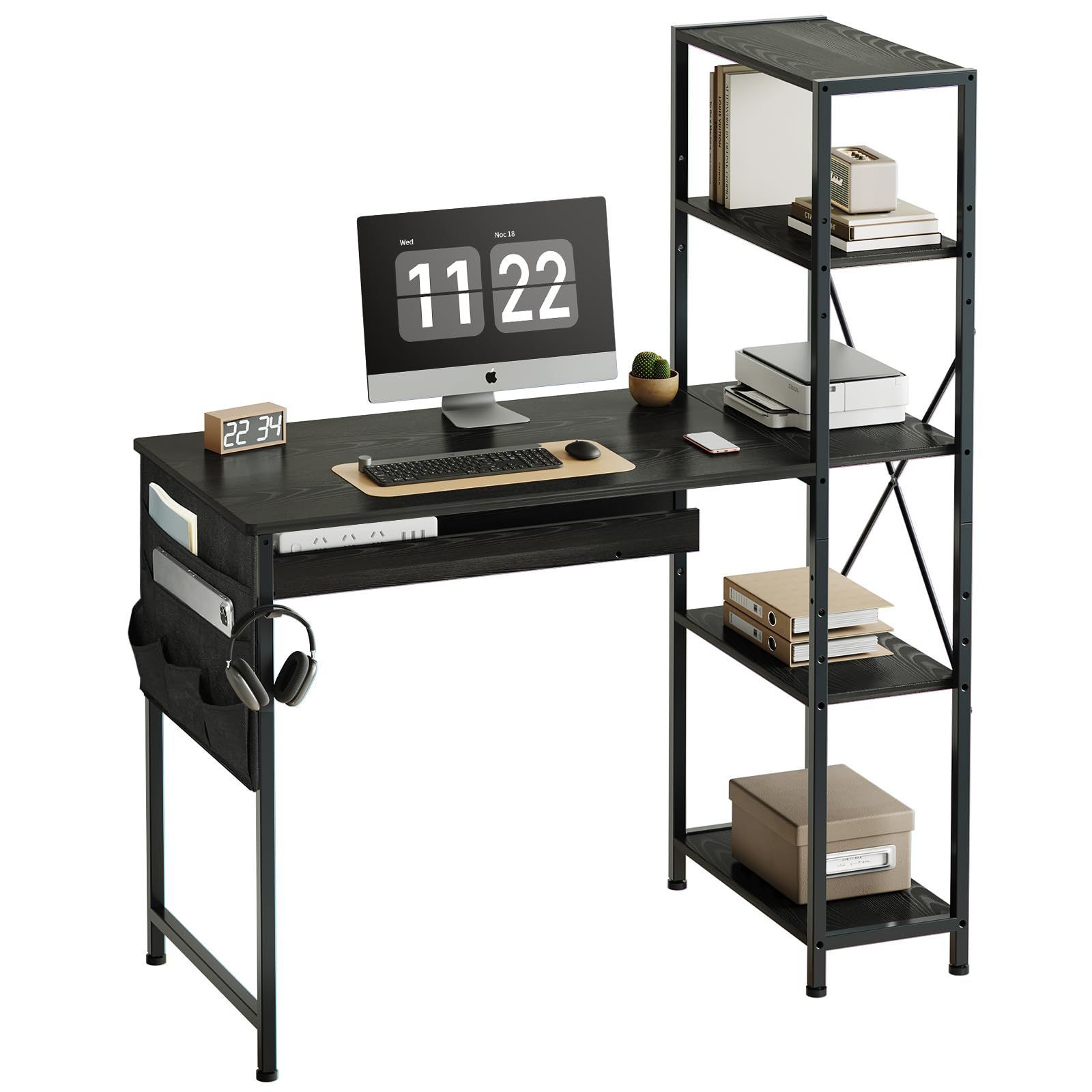 オフィスデスク 収納ラック 在宅ワークデスク 収納袋付き A4対応 勉強机 幅104cm×奥行48cm 学習机 パソコンデスク 左右入替可 pcデスク 可動式棚板 ラック付き テレワーク 机 黒い YeTom