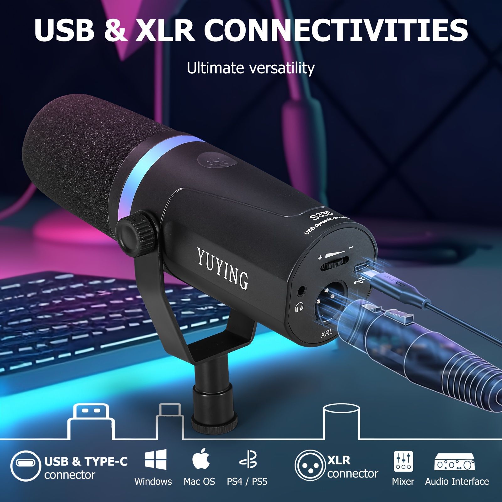 YUYING XLR|USB プロフェッショナルダイナミックマイクキット PCマイク コンピュータ オーディオインターフェース ミキサー PS4|PS5マイクに使用 デスクトップとブームアームスタンド付き 2本のケーブル RGBライト ボリュームコントロ