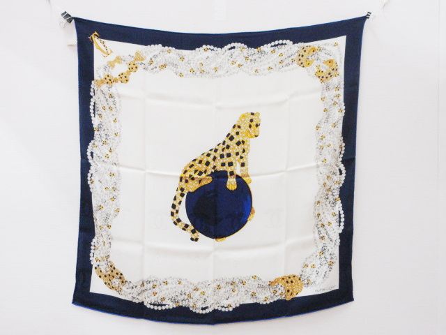 カルティエ Cartier 大判 スカーフ パンテール ホワイト×ネイビー