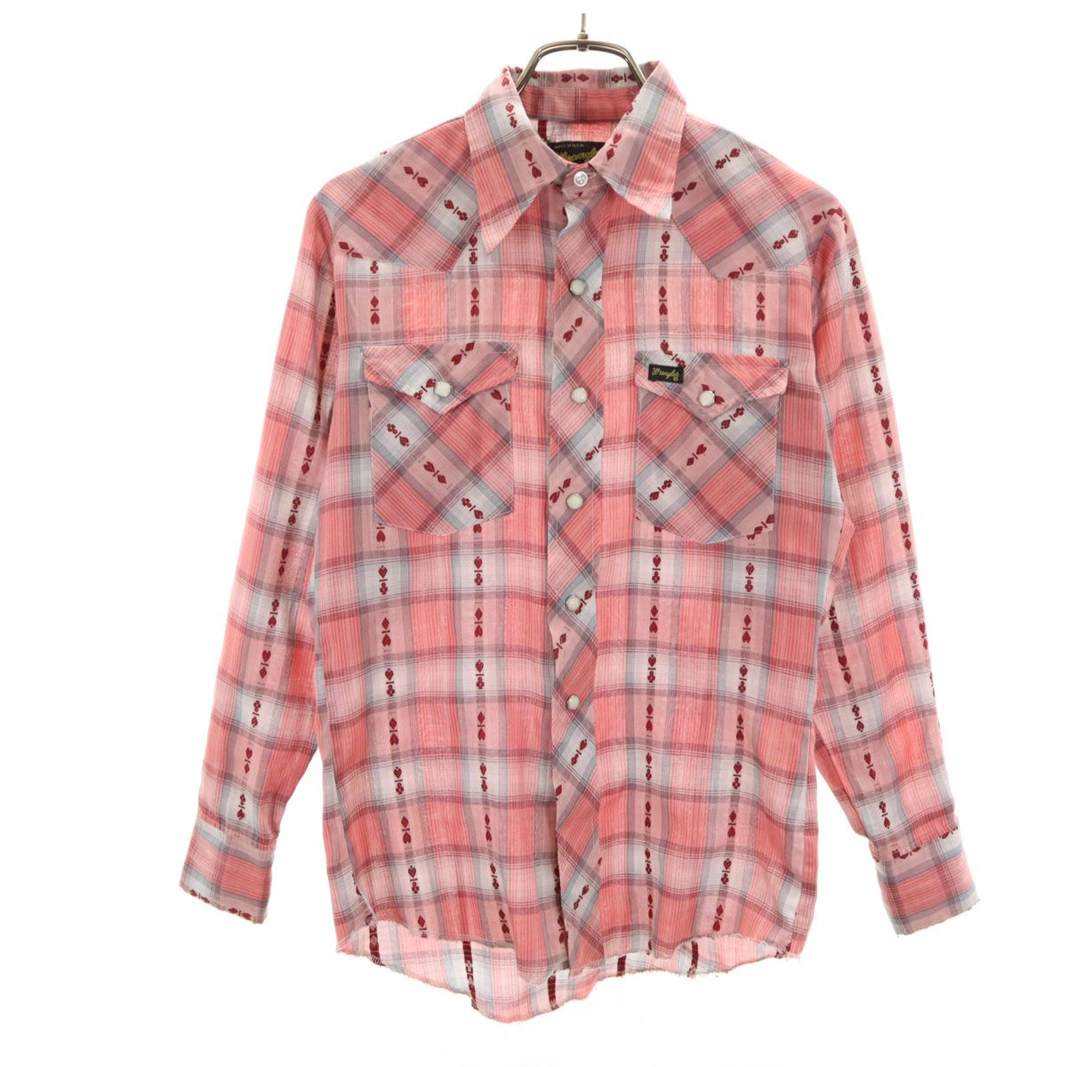 豊富な，低価 Wrangler ラングラー 70s ヴィンテージ チェック柄 長袖 ウエスタンシャツ 14 ピンク系 キッズ 古着 長袖シャツ・ブラウス