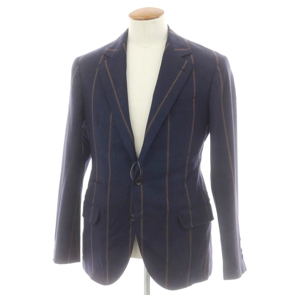 ブルネロクチネリ Brunello Cucinelli ウールシルクカシミヤ ストライプ テーラードジャケット ネイビーxブラウン サイズ46 メンズ