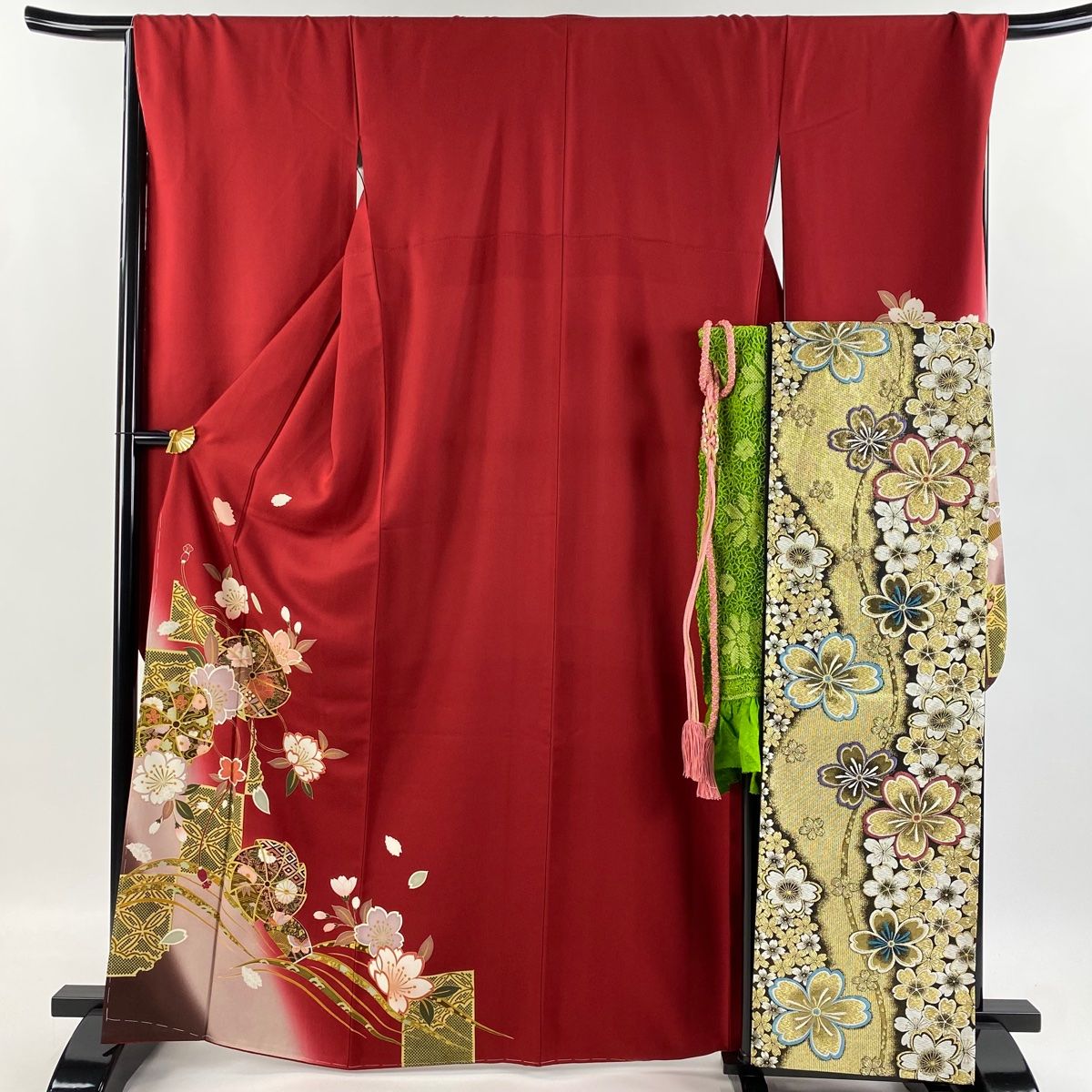 振袖 身丈166.5cm 裄丈68.5cm L 袷 袋帯フルセット 風車 桜 箔 金彩 赤 正絹 美品 秀品 【】