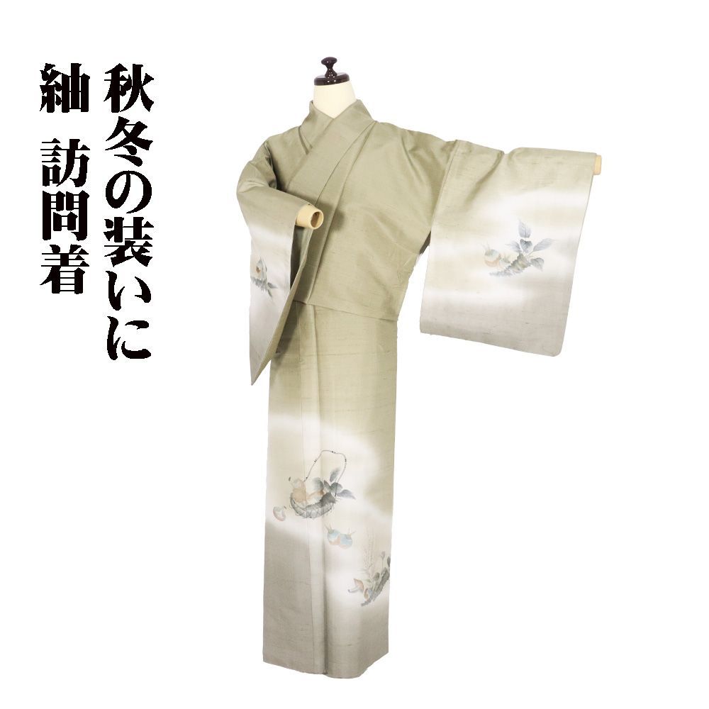 紬 訪問着 袷 正絹 薄緑 ライトグリーン 緑 手描き 松茸 クワイ 山葵 Lサイズ ki31142 レディース ギフト 30代 40代 50代 み