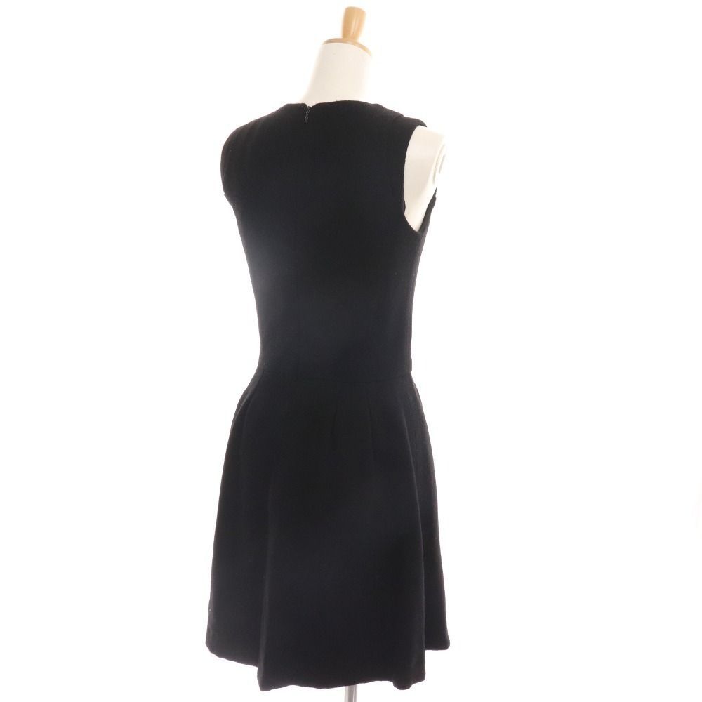 CHANELシャネル黒ノースリーブひざ丈ワンピース38シルクシフォン