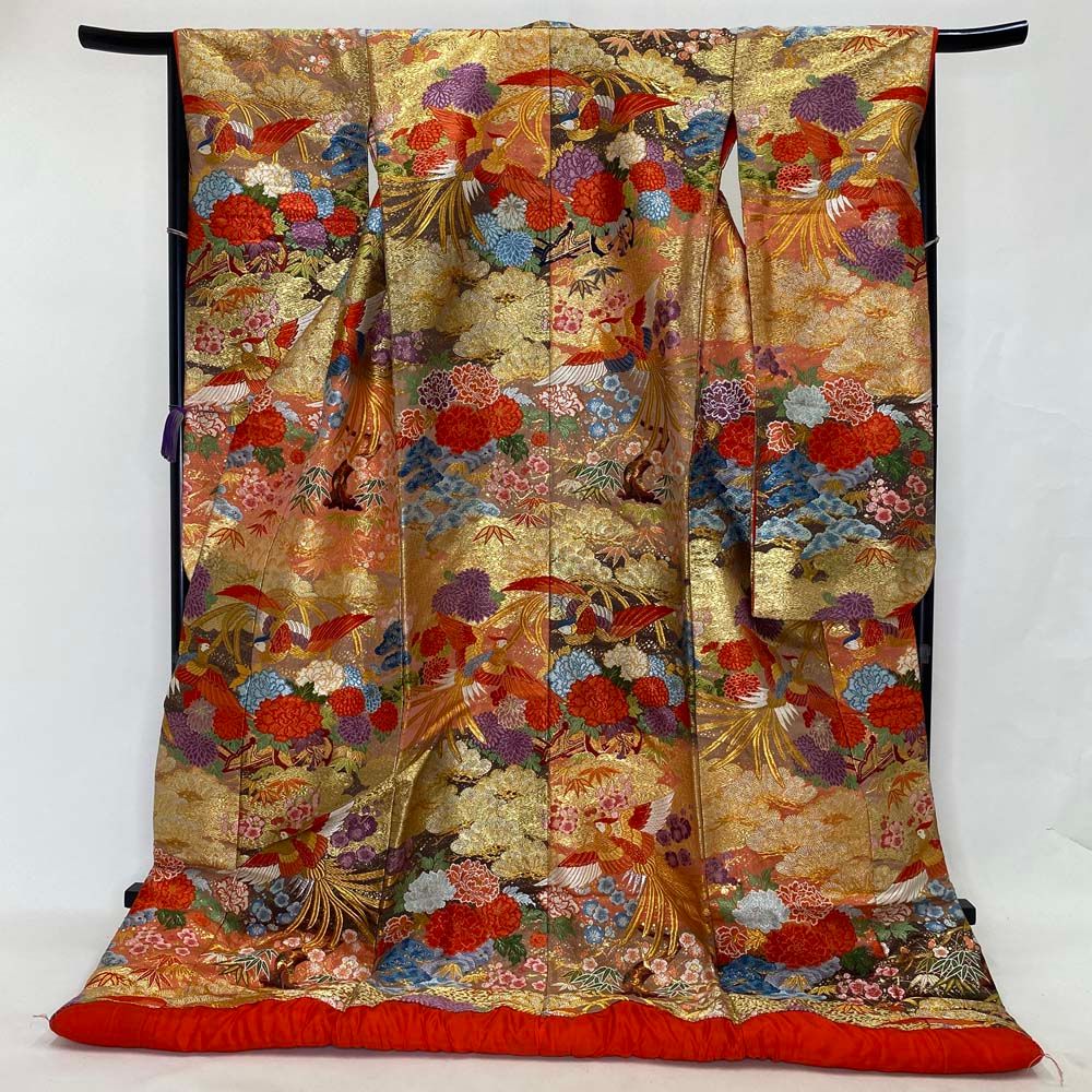 色打掛 正絹 鶴 刺繍 赤 金 打掛 Mサイズ 裄66.5 花嫁衣裳 婚礼  