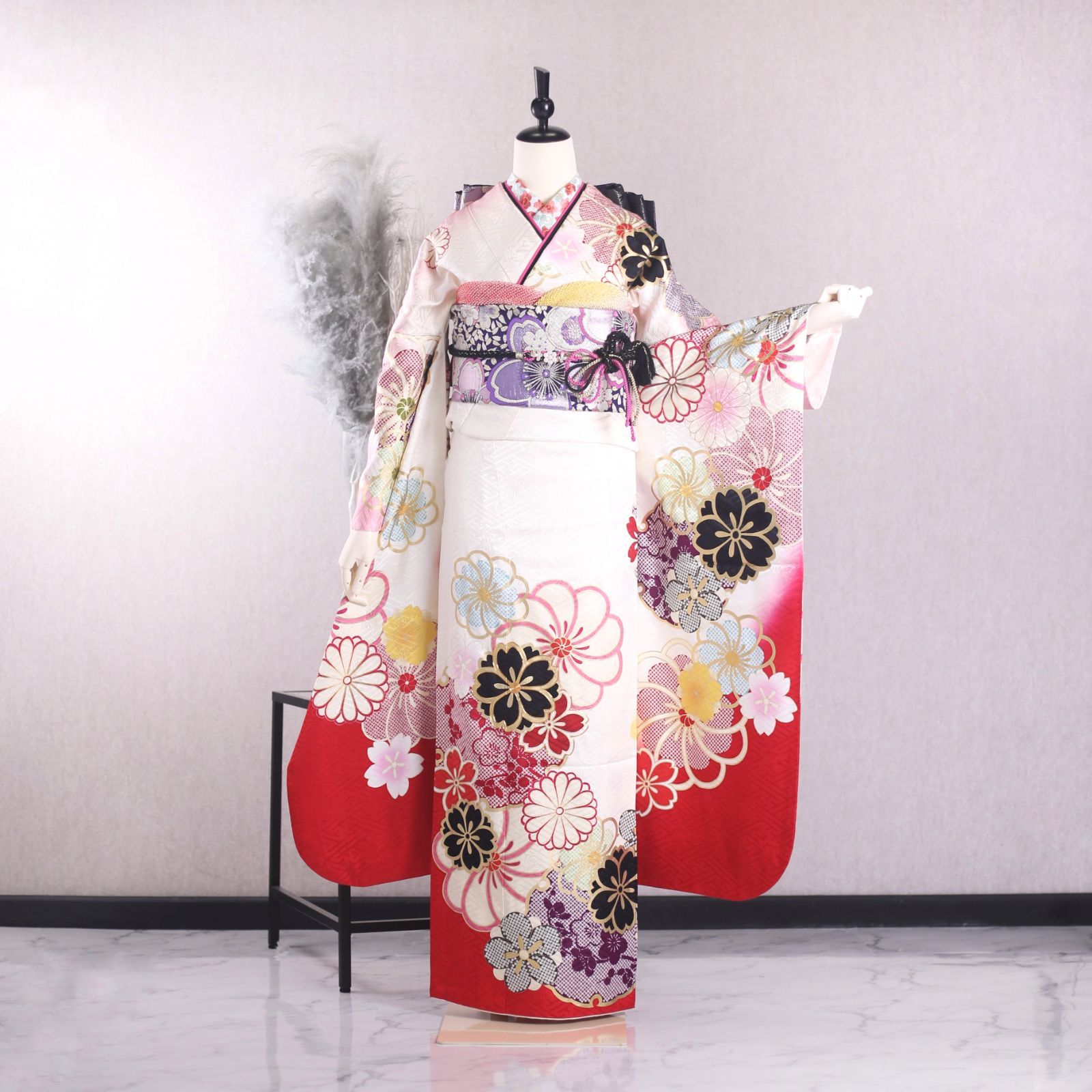 振袖フルセット 振袖セット 振袖 Lサイズ 中古 白×レトロモダン 美品