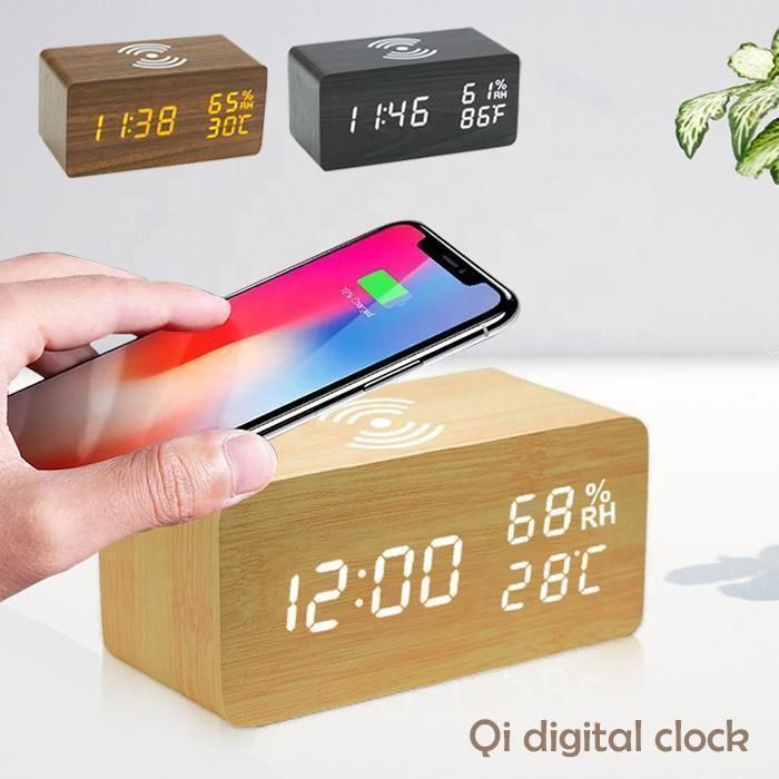 目覚まし時計 デジタル時計 おしゃれ かわいい 置き時計 Qi充電 ワイヤレス充電 アラームクロック 日付 温度 省エネ