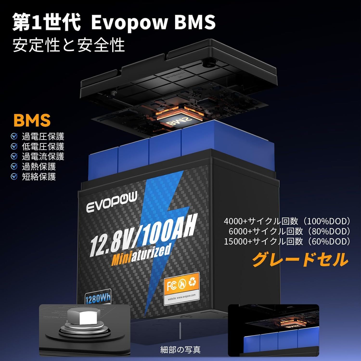 Evopow 12.8V 100Ah LiFePO4リン酸鉄リチウムイオンバッテリー 1280Wh
