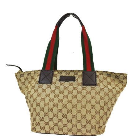 【中古】 中美品 グッチ GUCCI シェリー トートバッグ ショルダー GG柄 ブラウン グリーン レッド キャンバス レザー 35MI831