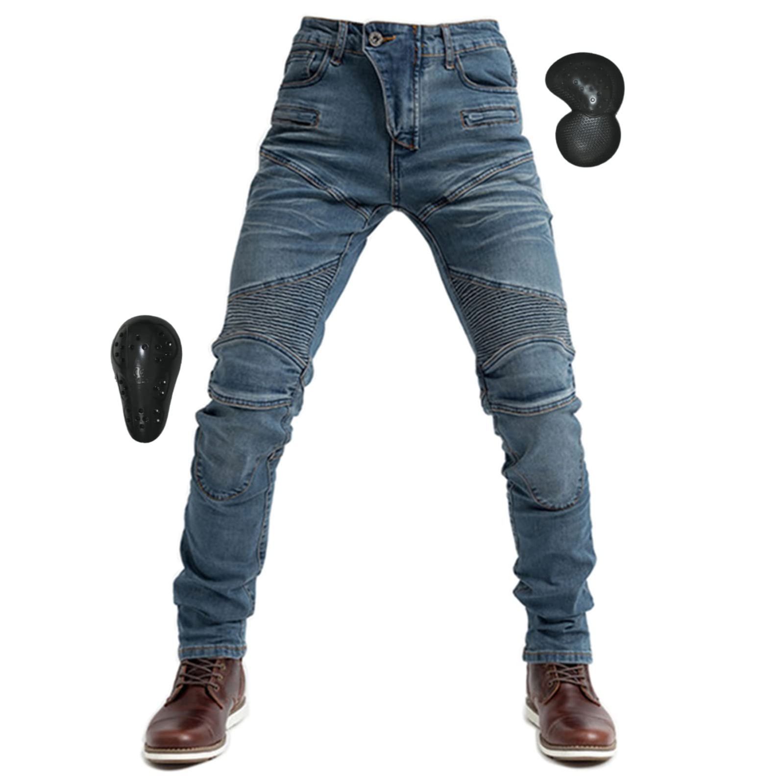 RENHE メンズバイクパンツ ライダースパンツ デニム ライディングパンツ プロテクター 耐磨耗性 バイクズボン 春夏秋冬 バイクデニム ストレート レーシングパンツ ブルー1 XLサイズ