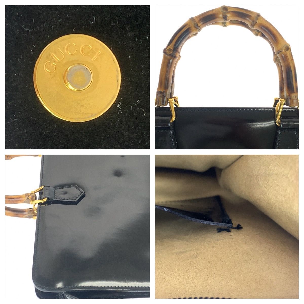 美品 GUCCI グッチ バンブー ブラック 黒 ゴールド金具 パテントレザー 
