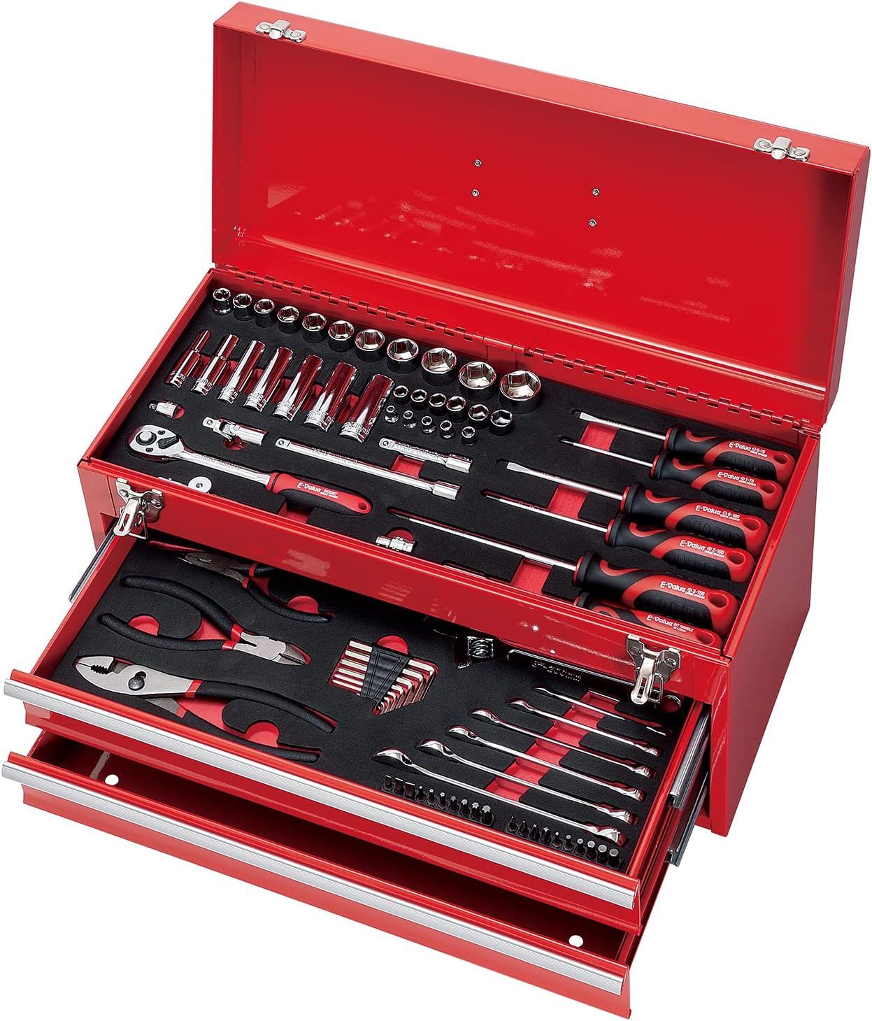 イーバリュー(E-Value) 整備工具セット ツール80点+ツールチェスト レッド EVAマットトレー仕様 各種メンテナンス作業対応 バイク 自動車 EST-2280RE