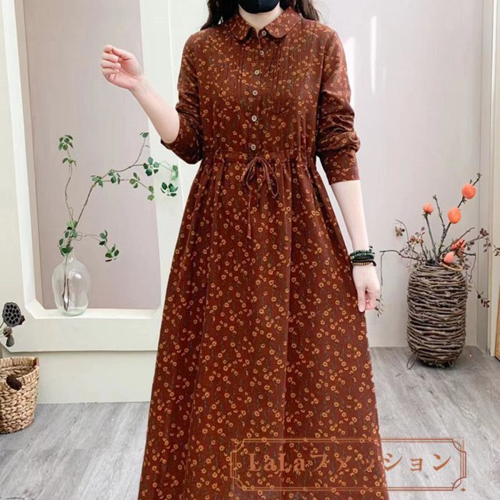 ワンピース レディース ロングワンピース 長袖 チュニック 花柄