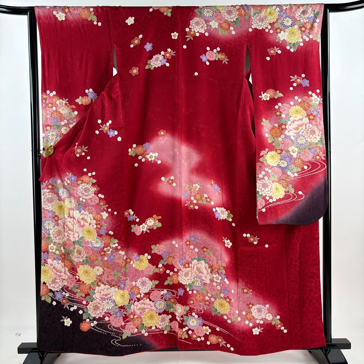 振袖 身丈160cm 裄丈63.5cm S 袷 菊 牡丹 金糸 金彩 赤 正絹 名品