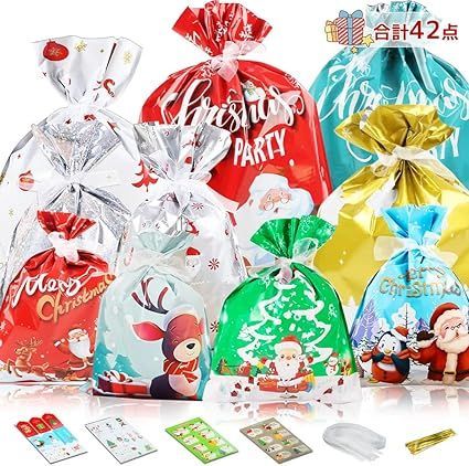 【在庫処分】クリスマス ラッピング袋 20枚入 カードとシール付き合計42点 クリスマスラッピング ビニール グリーティング ギフトバッグ かわいい プレゼント袋 4サイズ 小 中 大 特大（S～XL