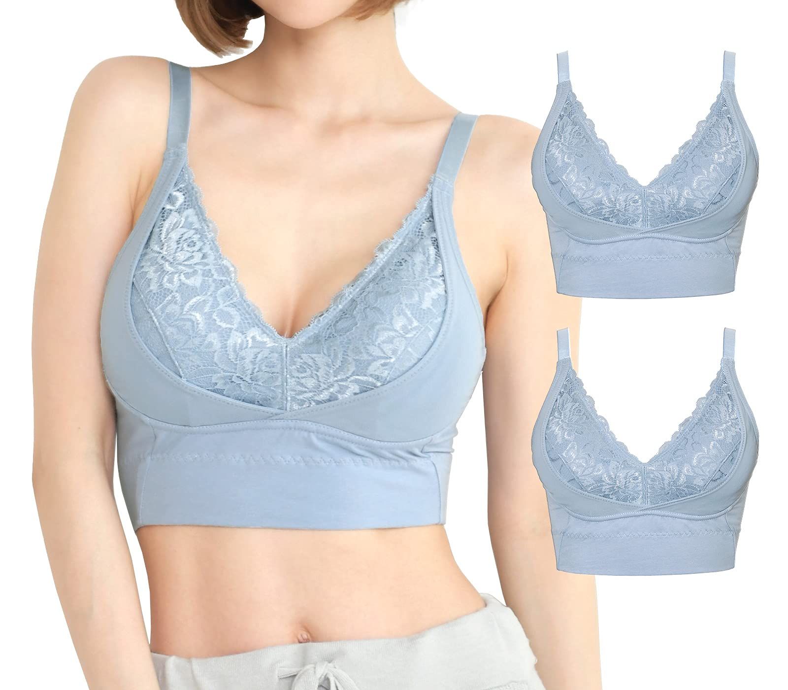 Smile LaLa ブルー S レディース ブラ ブラジャー ナイトブラ 綿 コットン 夜用ブラ 育乳 ノンワイヤー 2 点 セット 女性 下着 女性下着 オーガニック 昼間 背中ケア 夜用パッド しっかりナイトブラ 補正ブラジャーナ [ブルー2個] [S]