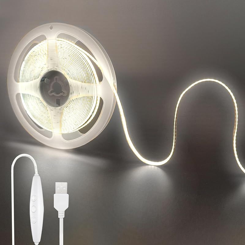 クリアヒル（Clearhill）2個 5V COB LEDストリップライト 調光可能 3M 昼白色 6500K LED320個/M 強力な光 幅8mm 非防水IP20 電源コードスイッチ、5段調光、1.5mケーブル DIY 家庭のインテリア用 0