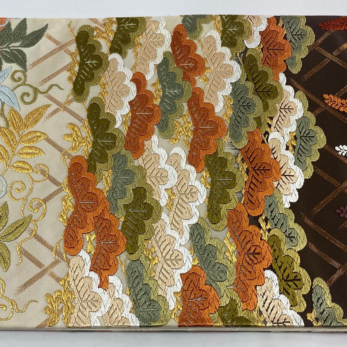 袋帯 逸品 河合美術織物 落款 笠松 藤 唐織 金糸 オレンジ 六通