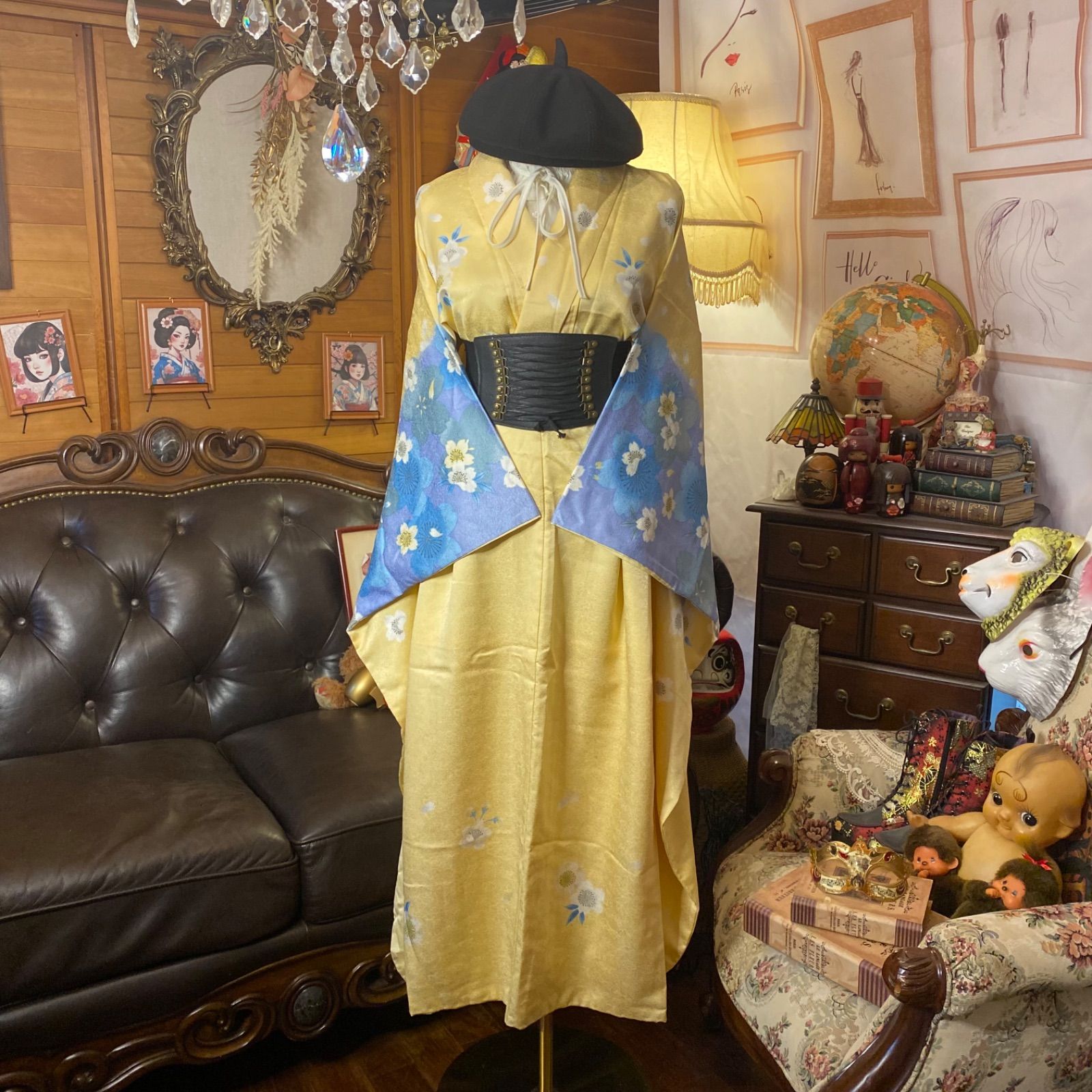 振袖着物リメイク ロング丈 ワンピース ドレス 洗える 化繊 レトロ 古着 和洋折衷 ハンドメイド 陽だまりイエローに空色の花 KW-1123 みずたま畑の お着物