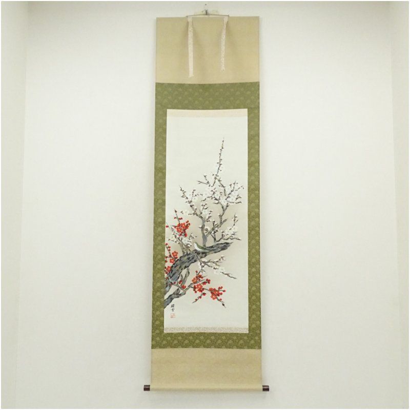 竹林雅雪筆 紅白梅 肉筆絹本掛軸（共箱） 掛け軸 床の間 書 おしゃれ