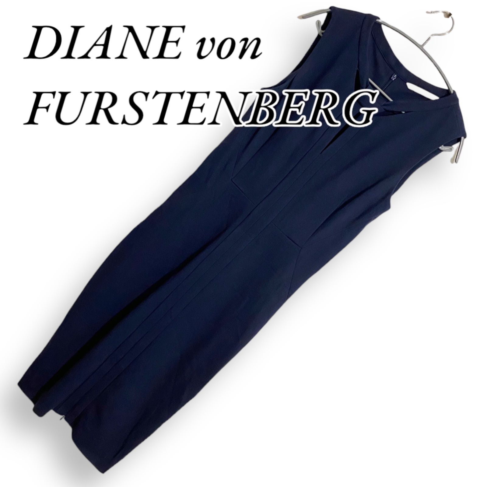 DIANE von FURSTENBERG ダイアンフォンファステンバーグ ロングワンピース 膝丈ワンピース ノースリーブ Vネック アイライン ネイビー レディース