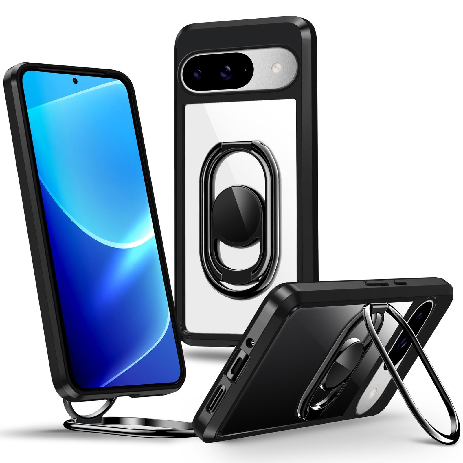 【人気商品】ケース スマホリング スマホグリップ 用 角度調節可能 折り畳み Pro 耐衝撃 スタンド機能 9/9 軽量 落下防止 Pixel スマホケース グーグルピクセル9/9Pro Google カバー - Rockaway ブラッ